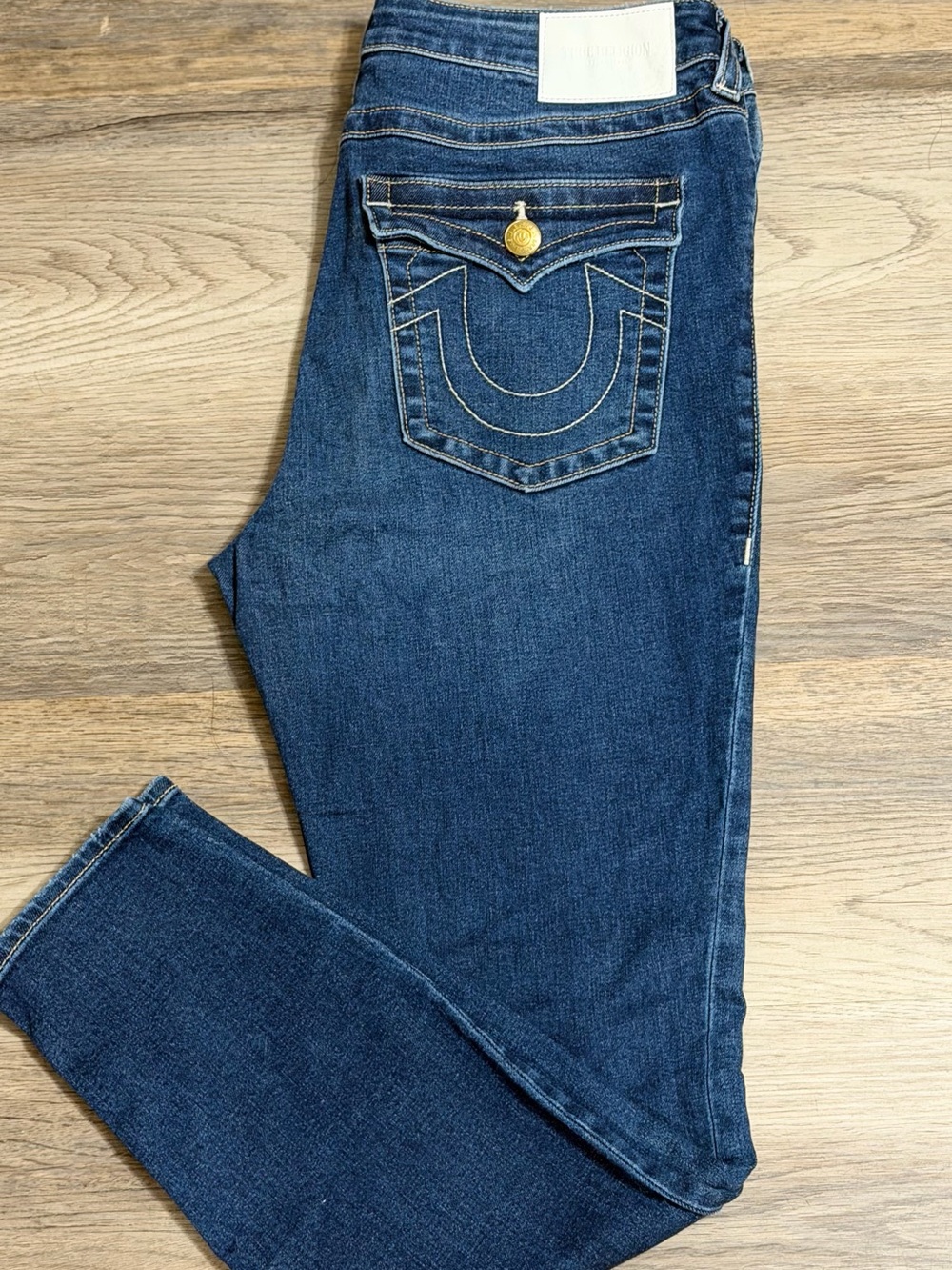 True Religion Women's Indigo Skinny Jeans with Gold Button Accent
